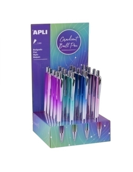 BOLIGRAFO APLI GRADIENT METAL EFECTO UVI COLORES SURTIDOS TINTA AZUL EXPOSITOR DE 20