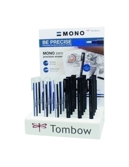 PORTAGOMAS TOMBOW MONO ZERO SURTIDO EXPOSITOR DE 24 6x punta redonda 23 mm cuerpo blanco 6x punta redonda 23 mm cuerpo negro 6x 