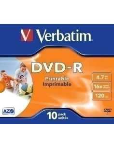 DVD -R VERBATIM 47GB 16x JEWEL CASE 10 ADVANCED AZO IMPRIMIBLE INKJET Incluye Canon LPI de 210 