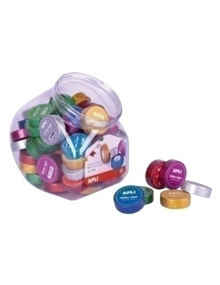 CINTA ADHESIVA APLI GLITTER rollo 15x5 SURTIDO EXPOSITOR de 60