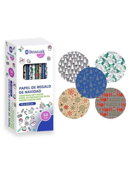 CAJA 50 ROLLOS PAPEL DE REGALO NAVIDAD CON ESTAMPADO OROPLATA 2m