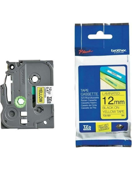 CINTA de ROTULAR BROTHER LAMINADA 8m 12mm NEGRO sobre AMARILLO