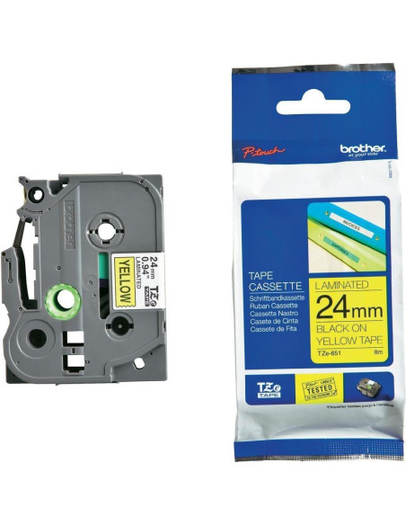 CINTA de ROTULAR BROTHER LAMINADA 8m 24mm NEGRO sobre AMARILLO