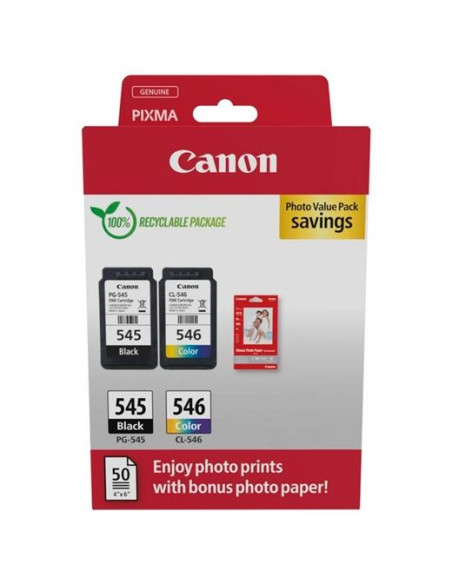 CANON TINTA ECOPACK BK C  M  Y  50H PAPEL FOTOGRÁFICO 10X15 PARA PIXMA IP 2850 - MG 24502550 - TR 45504551 - PG 545  CL 546