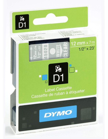 CINTA de ROTULAR DYMO LM D1 7m 12mm BLANCO sobre TRANSPARENTE 45020