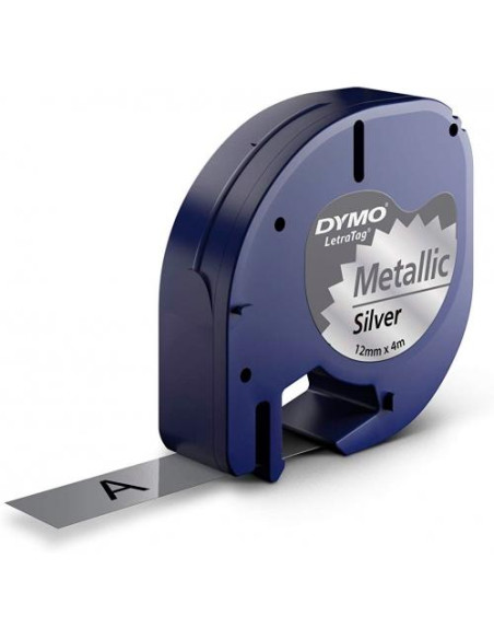 CINTA de ROTULAR DYMO LETRATAG PLASTICO METALIZADA 4m 12mm NEGRO sobre PLATA 91208