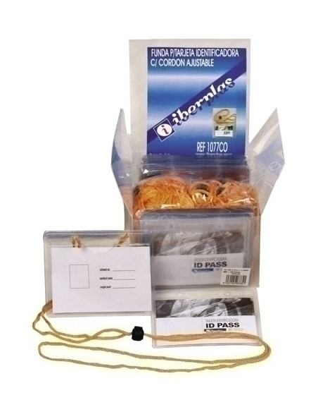 FUNDA DISTINTIVO IBERPLAS PVC 200 PLNJcon CORDON AJUSTABLE 65x105mm PAQUETE de 50