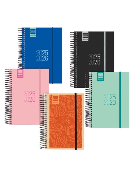 AGENDA ESCOLAR 2025-26 FINOCAM CATALAN ESPIR ESPIRAL tapa PP D/P E8 120x171 con GOMA ASSORTIMENT PACK DE 9
