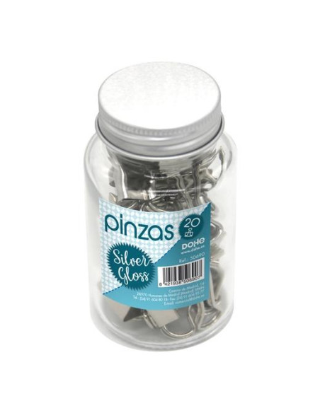 DOHE PINZAS METÁLICAS 19MM SILVER GLOSS BOTE DE CRISTAL CON TAPA 20 UD
